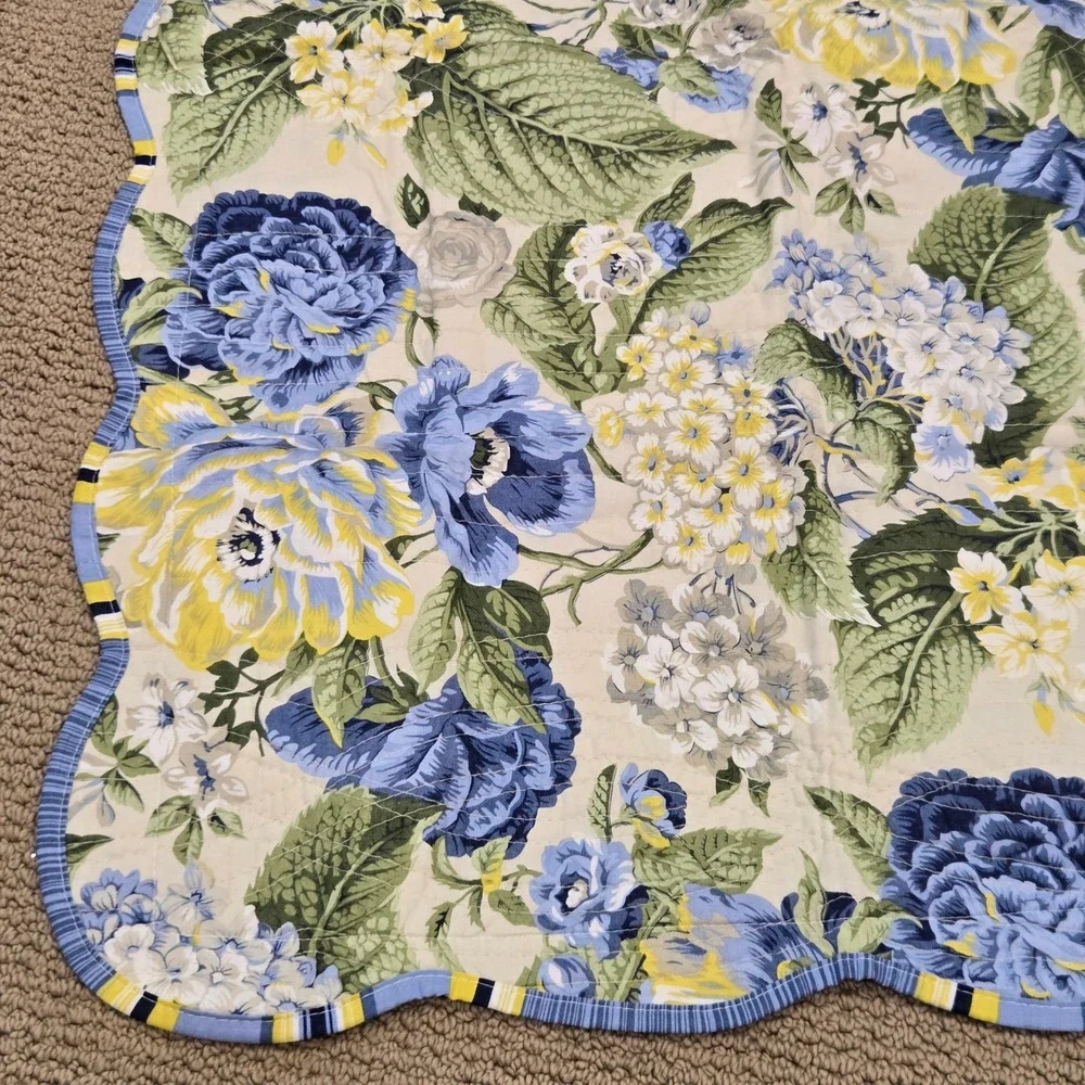 Waverly Hydrangea Quilted King Pillow Sham 39x24 Reverse Stripe Scalloped Edge